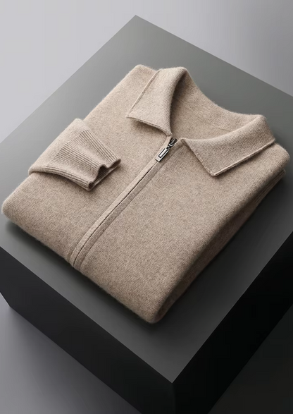 ZIP-POLOTRÖJA I EXTRA FIN MERINOULL